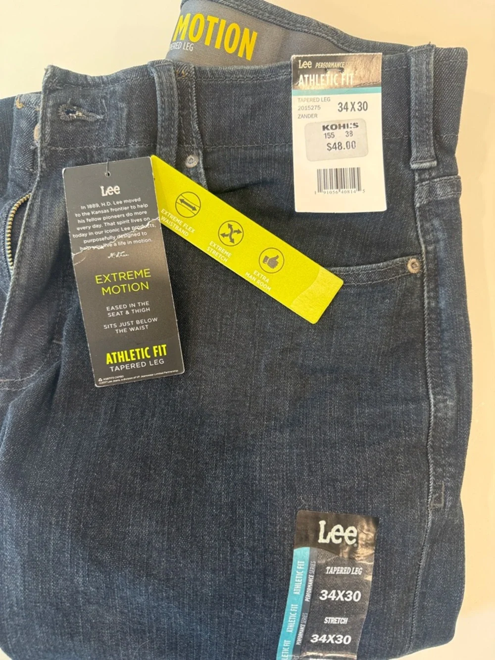 Lee Extreme Motion Denim Jeans 34x30 Athletic Fit Tapered Stretch Dark Wash NWT - Picture 4 of 4
